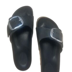 Birkenstock Black Leather Madrid Slide Sandals with Large Silver Buckles